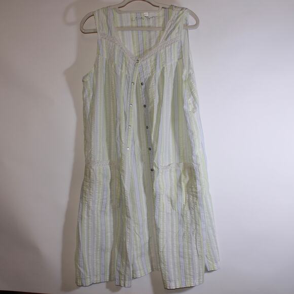 Pink K Other - Vintage Pink K Dainty Green Striped Button Up Night Gown With Lace Size XL